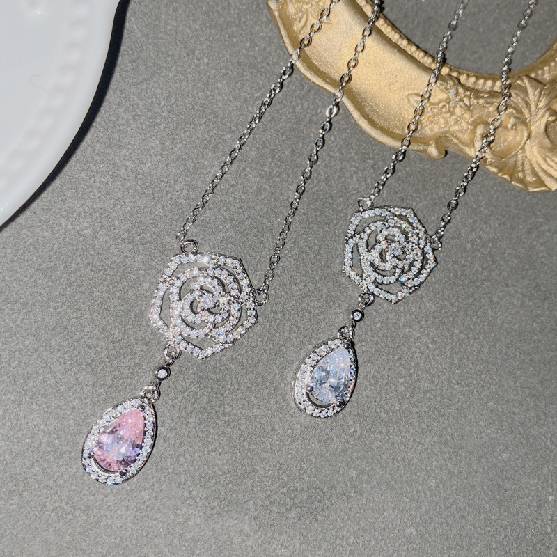 Fashion Pink Diamond?pendant Copper And Diamond Flower Drop Necklace,Necklaces