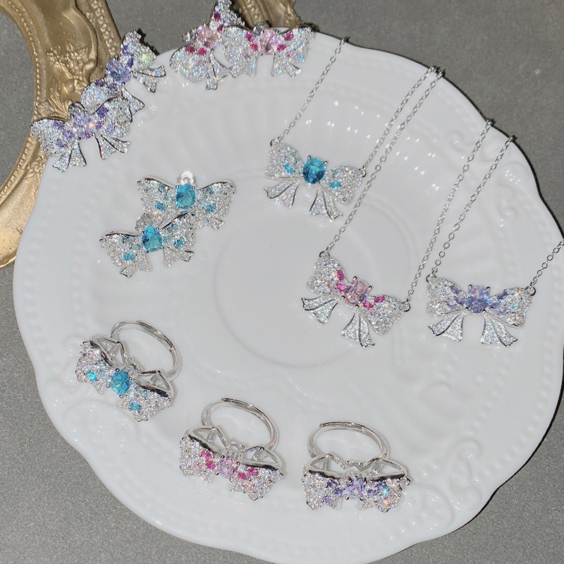 Fashion Blue Pendant Copper Diamond Bow Necklace,Necklaces