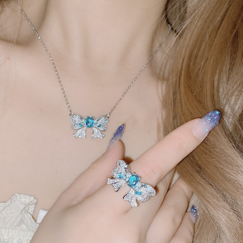 Fashion Blue Pendant Copper Diamond Bow Necklace,Necklaces