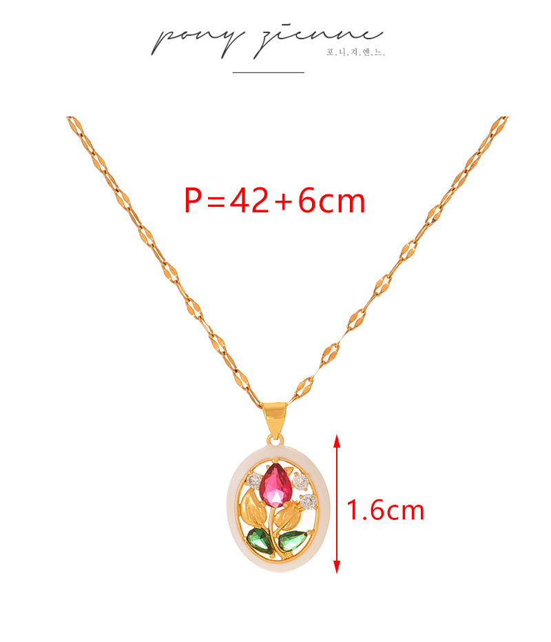 Fashion Red + Rose Red Titanium Steel Inlaid With Zirconium Oil Drop Round Flower Pendant Necklace,Necklaces