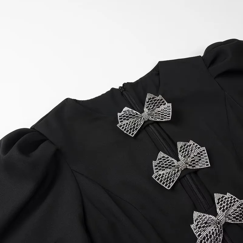 Fashion Black Polyester Diamond Heart Hollow Puff Sleeve Skirt,Mini & Short Dresses