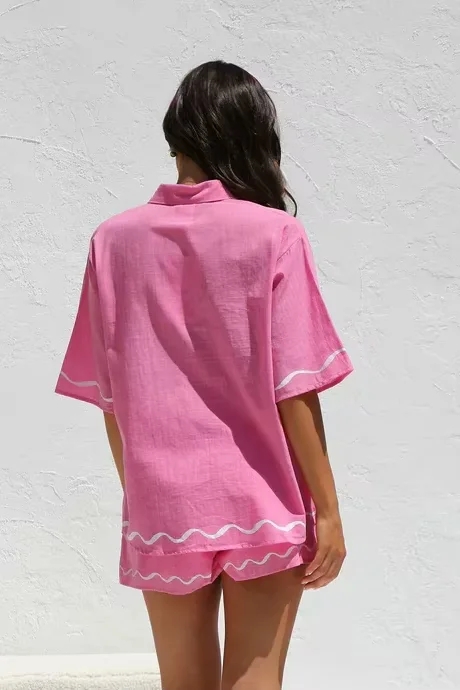 Fashion Pink Polyester Lapel Button-down Shirt And Shorts Set,Blouses