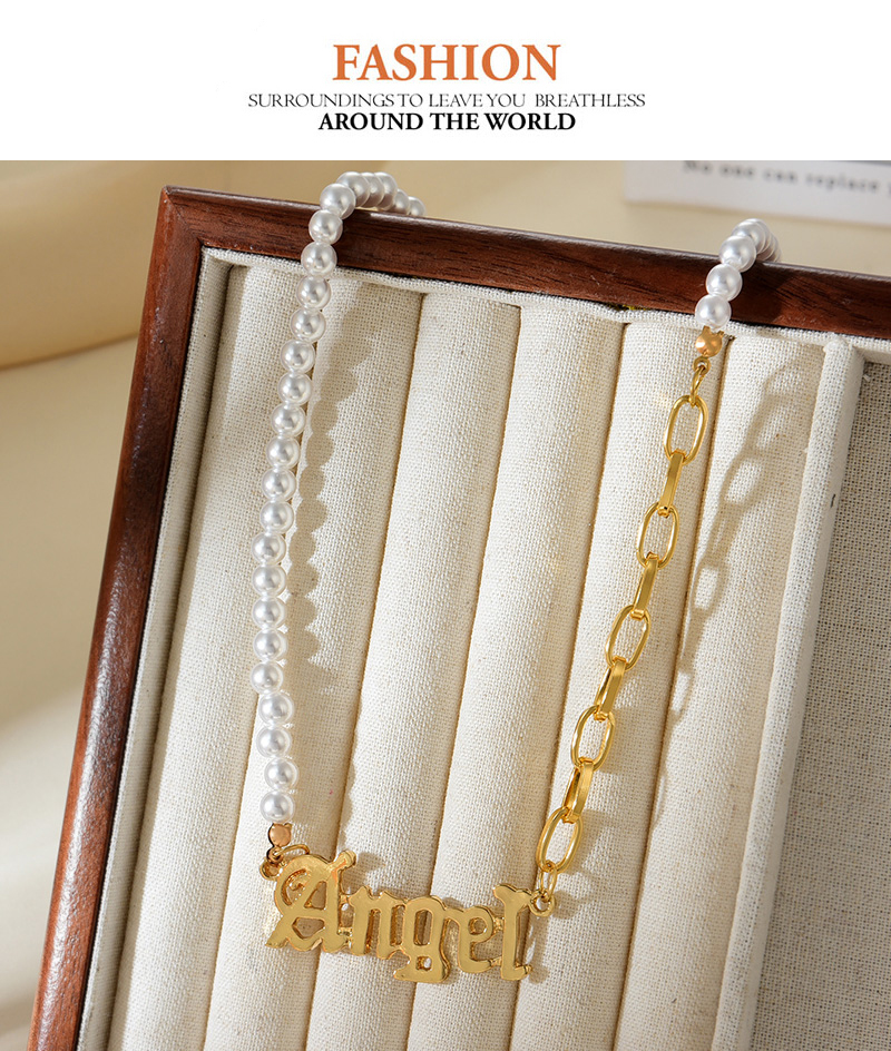 Fashion Gold Alloy Pearl Letter Splicing Chain Necklace,Pendants