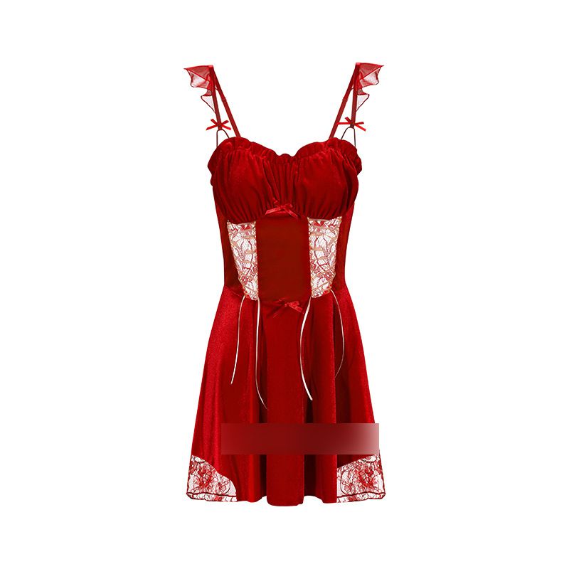 Fashion Red Nightgown Fungus Hem Suspender Nightgown,SLEEPWEAR & UNDERWEAR