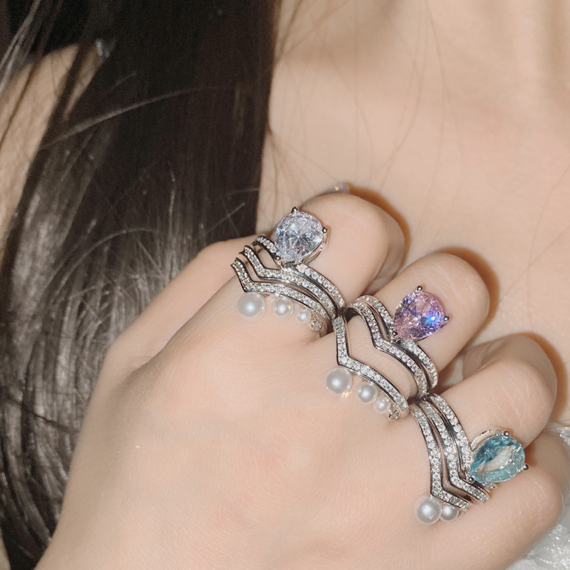 Fashion Sea Blue Copper Diamond Geometric Ring,Rings