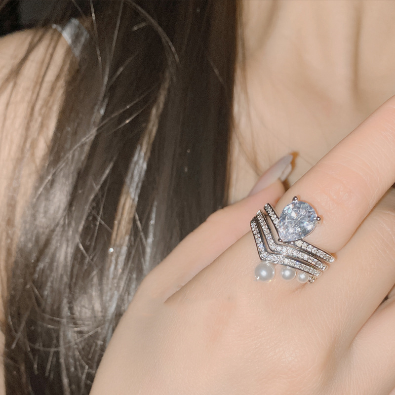 Fashion Sea Blue Copper Diamond Geometric Ring,Rings