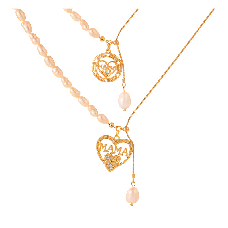 Fashion Golden-2 Pearl Beaded Copper Chain Mama Diamond Love Necklace,Necklaces