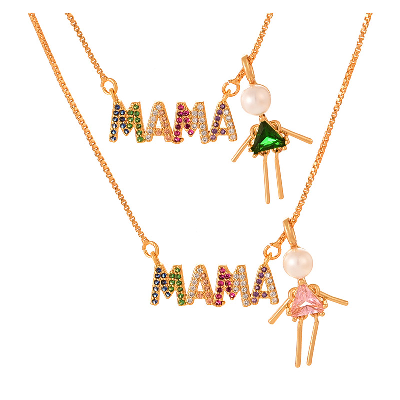 Fashion Pink Copper Inlaid Zirconium Letters Mama Pearl Figurine Necklace,Necklaces