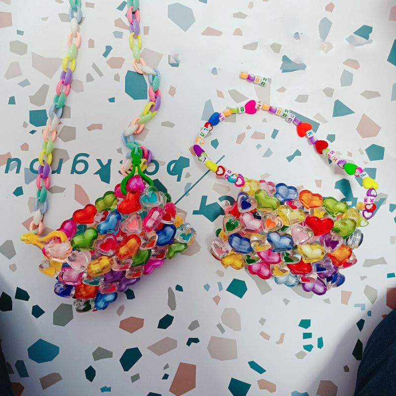 Fashion Love Color Crossbody Style Acrylic Heart Beaded Braided Crossbody Bag,Handbags