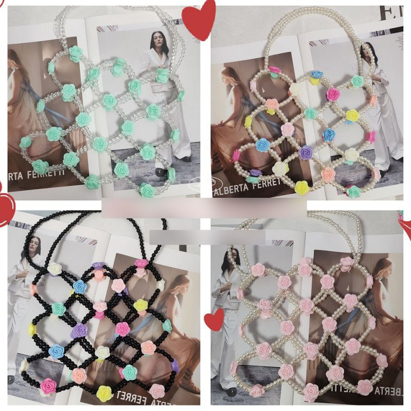 Fashion Transparent + Colorful Flowers (comes With Lining) Acrylic Beaded Woven Tote Bag,Handbags