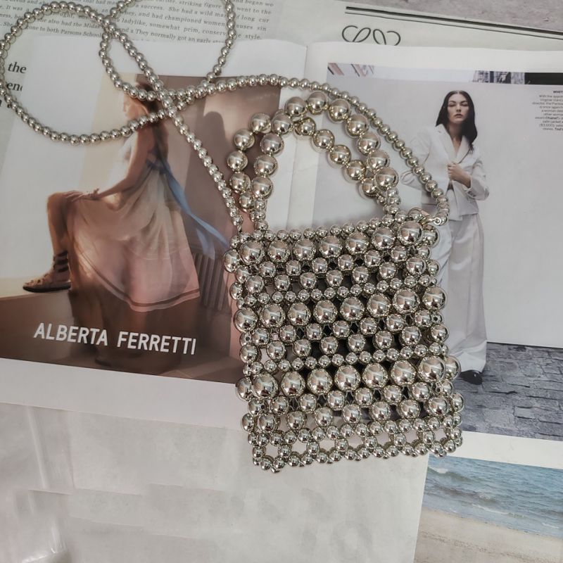 Fashion Silver Acrylic Beaded Woven Crossbody Bag,Shoulder bags