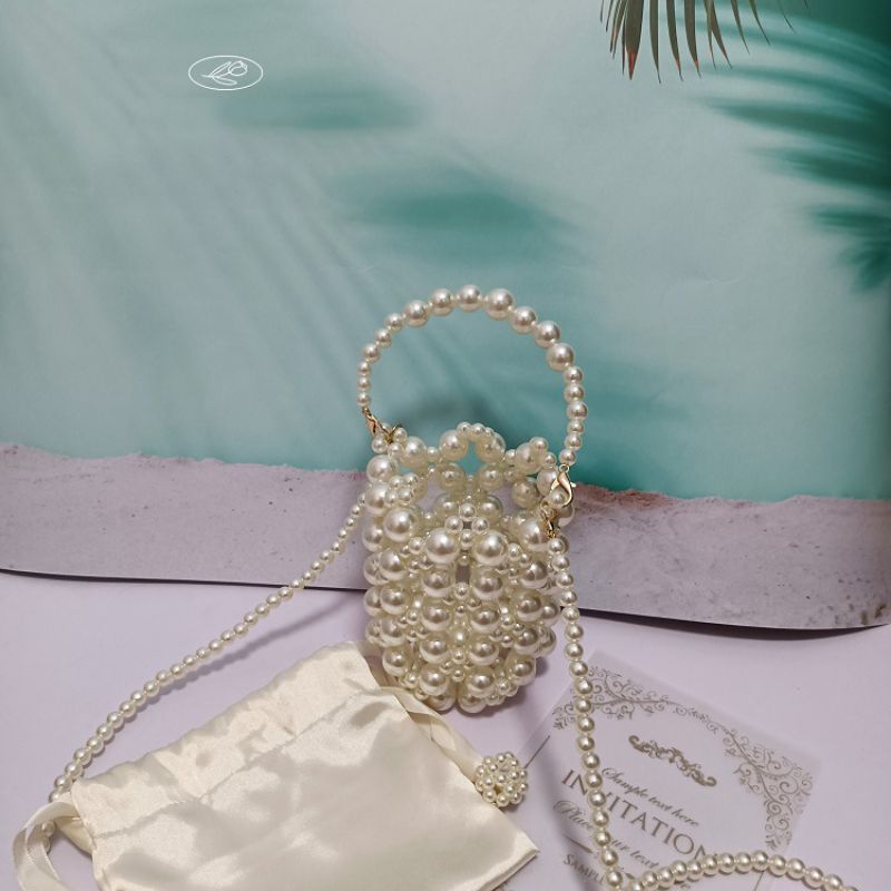 Fashion Pearl Color (comes With Lining) Acrylic Pearl Beaded Cylinder Crossbody Bag,Shoulder bags