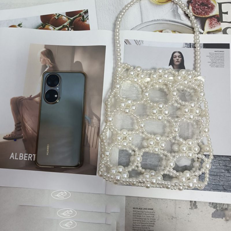 Fashion Pearl Color Acrylic Beaded Woven Tote Bag,Handbags