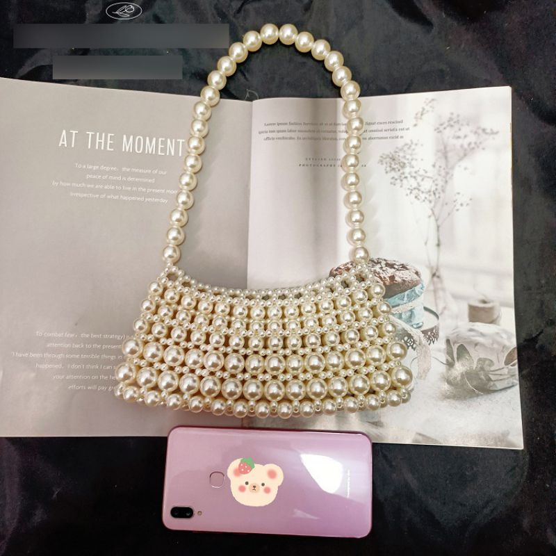 Fashion Pearl Color Acrylic Beaded Woven Tote Bag,Handbags