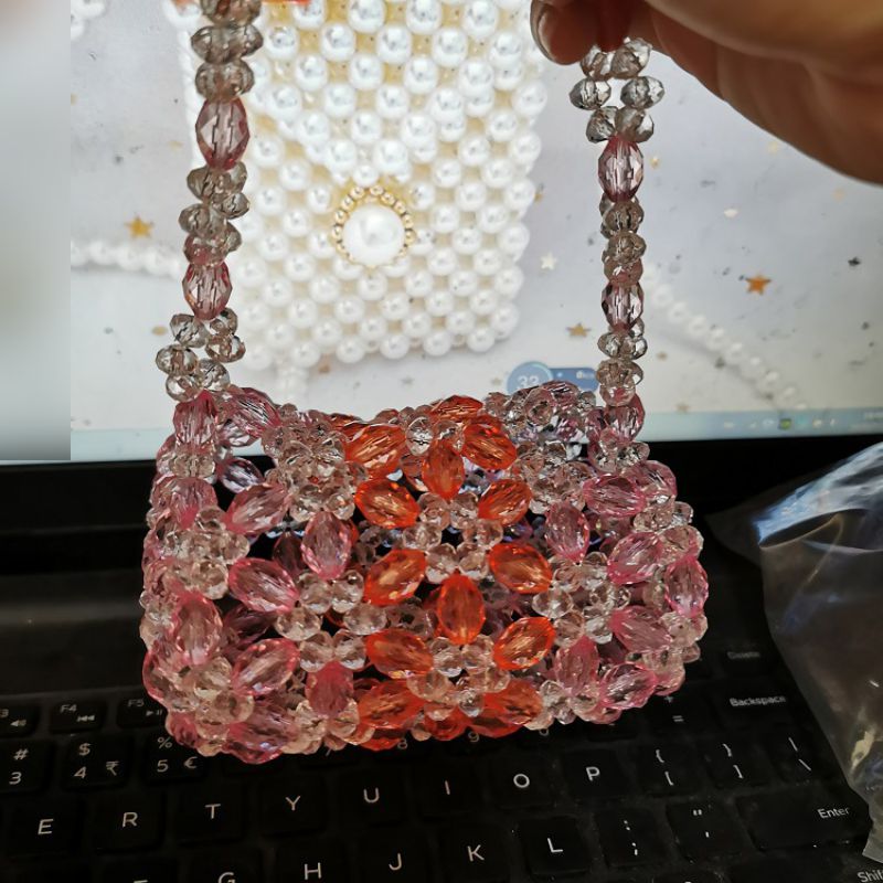 Fashion Pink Orange Powder Acrylic Crystal Bead Woven Handbag,Handbags
