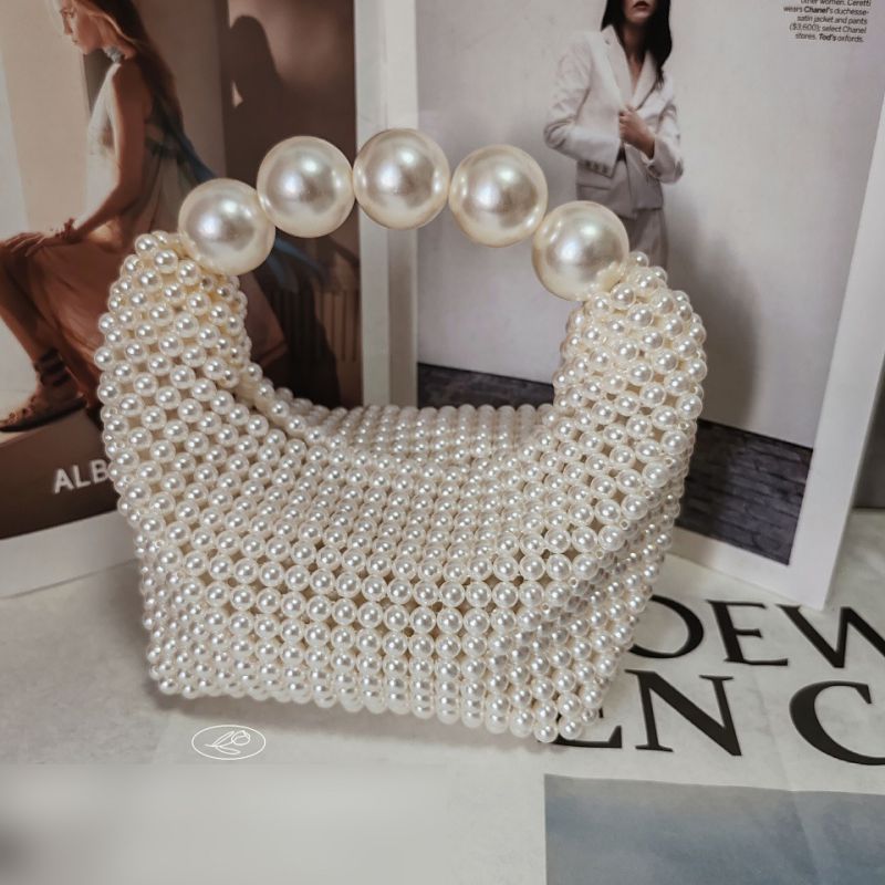 Fashion Pearl Color Acrylic Pearl Beaded Woven Tote Bag,Handbags