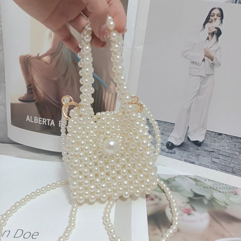 Fashion Pearl Color Lobster Buckle Style Acrylic Beaded Woven Crossbody Bag,Shoulder bags