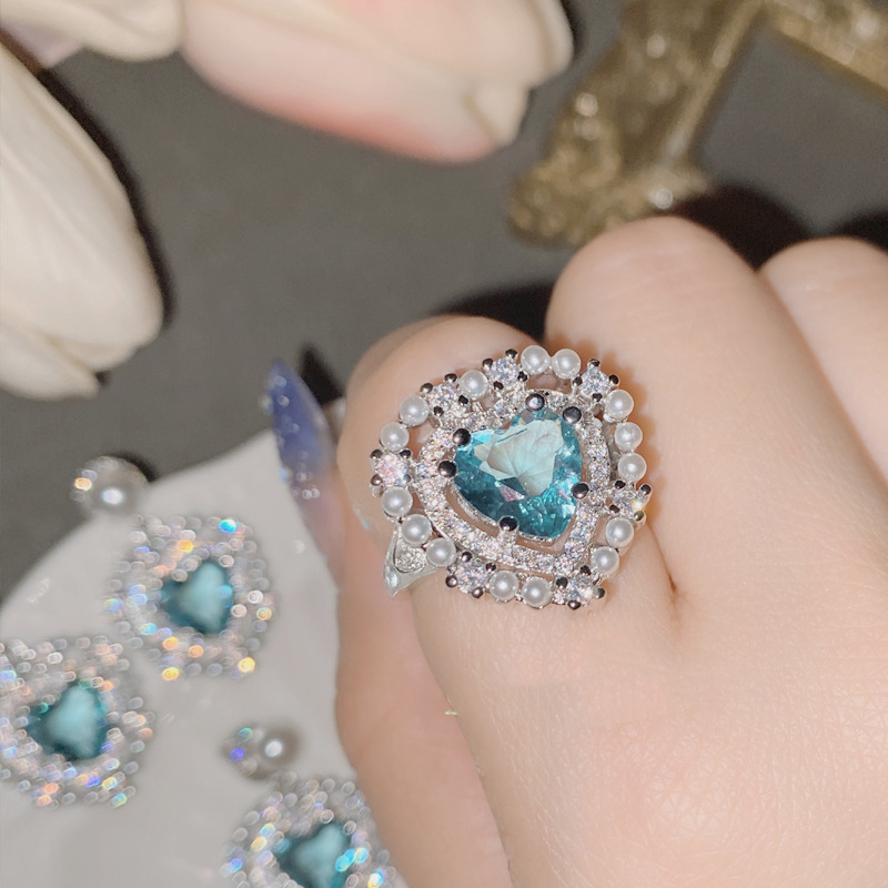 Fashion Ring 0423?sea Blue Copper Diamond Pearl Love Ring,Rings