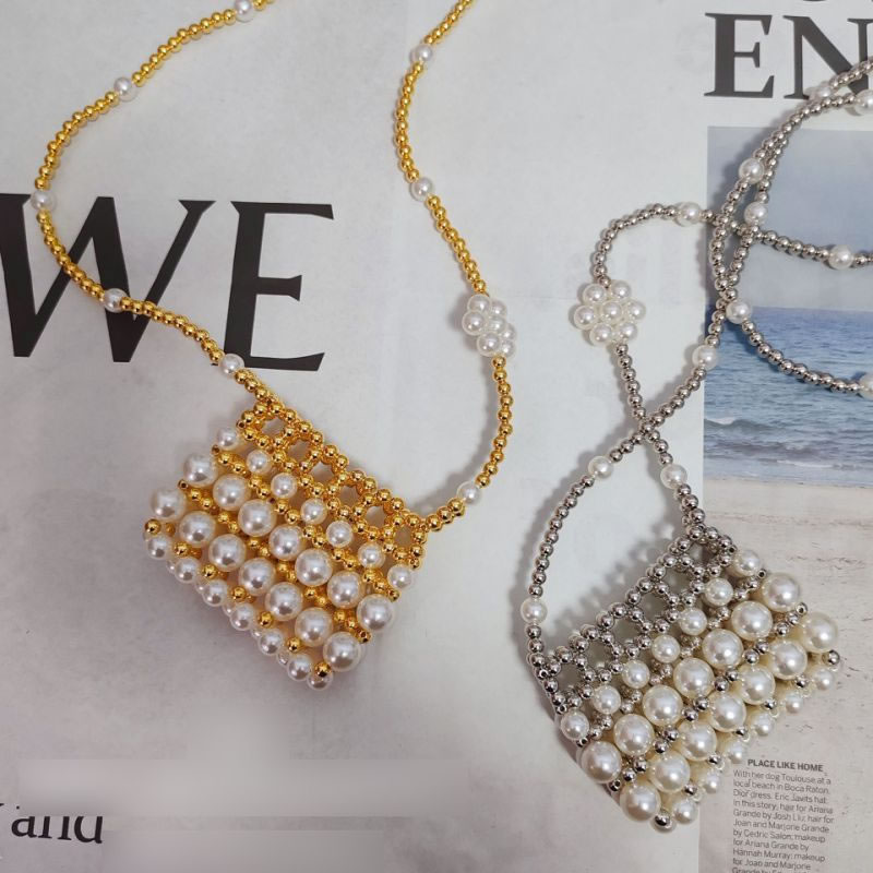 Fashion Gold Acrylic Pearl Beaded Woven Crossbody Bag,Shoulder bags