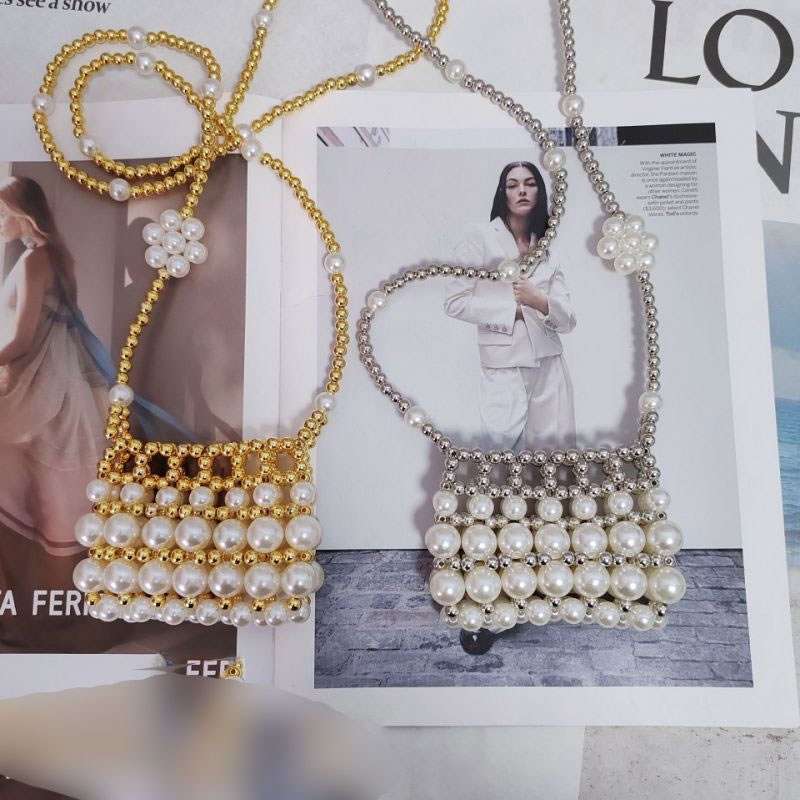 Fashion Gold Acrylic Pearl Beaded Woven Crossbody Bag,Shoulder bags