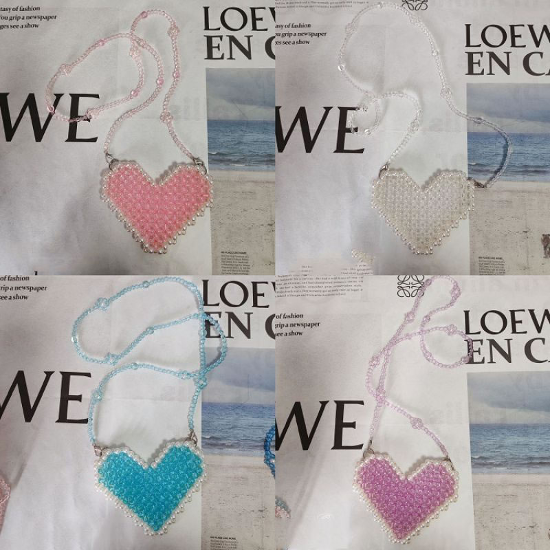 Fashion Sky Blue (110cm Chain) Pearl Crystal Beaded Woven Love Crossbody Bag,Shoulder bags