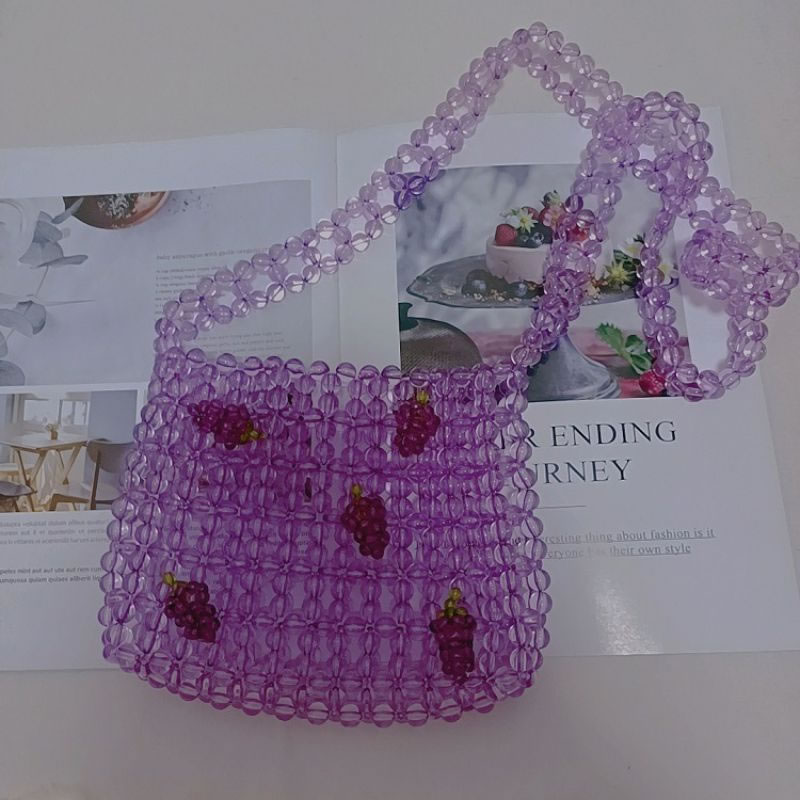 Fashion Pink Cherry Portable Acrylic Geometric Beaded Woven Crossbody Bag,Shoulder bags