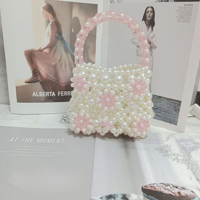 Fashion Pink Acrylic Pearl Beaded Woven Tote Bag,Handbags