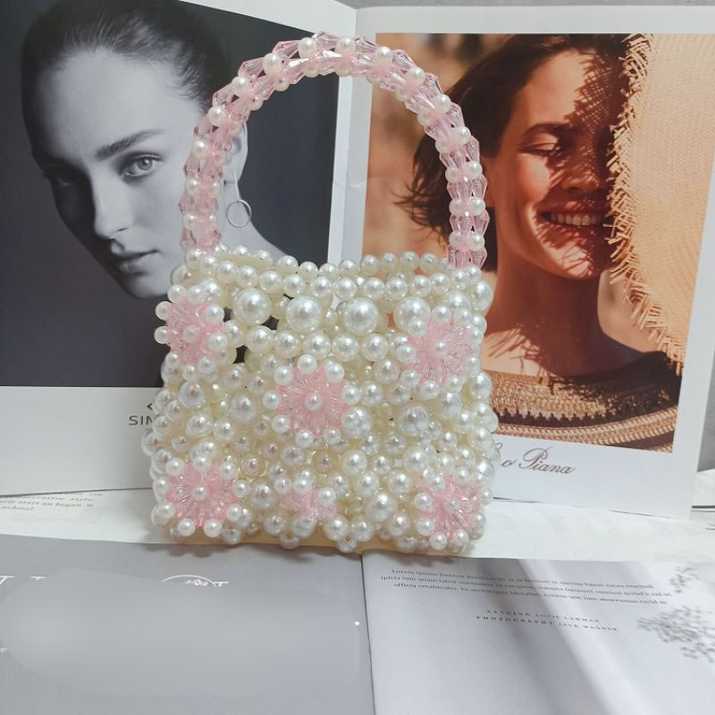 Fashion Pink Acrylic Pearl Beaded Woven Tote Bag,Handbags