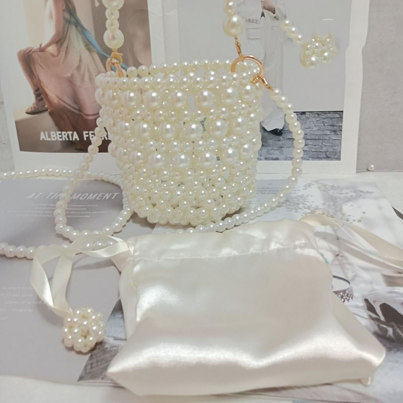 Fashion Pearl Color (comes With Lining) Acrylic Pearl Beaded Woven Crossbody Bag,Shoulder bags