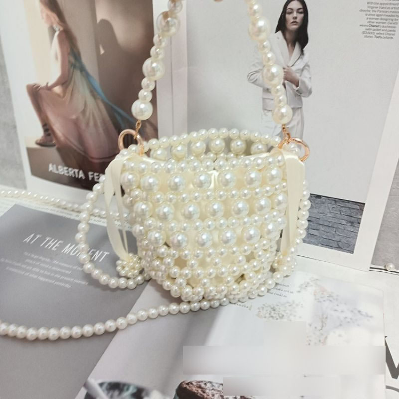 Fashion Pearl Color (comes With Lining) Acrylic Pearl Beaded Woven Crossbody Bag,Shoulder bags
