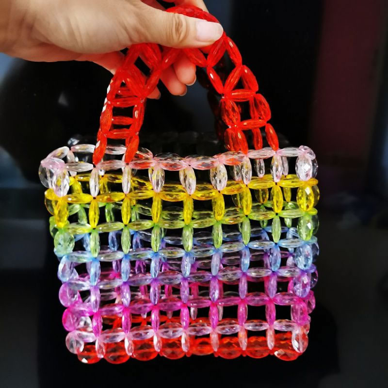 Fashion Rainbow Colors Crystal Beaded Woven Tote Bag,Handbags