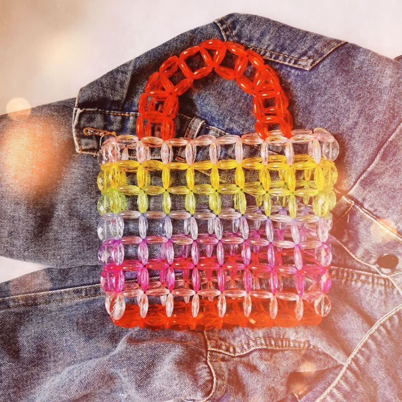 Fashion Rainbow Colors Crystal Beaded Woven Tote Bag,Handbags