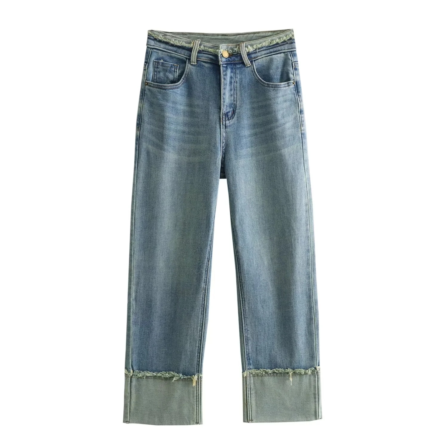 Fashion Blue Raw Edge Cuffed Straight-leg Jeans,Denim