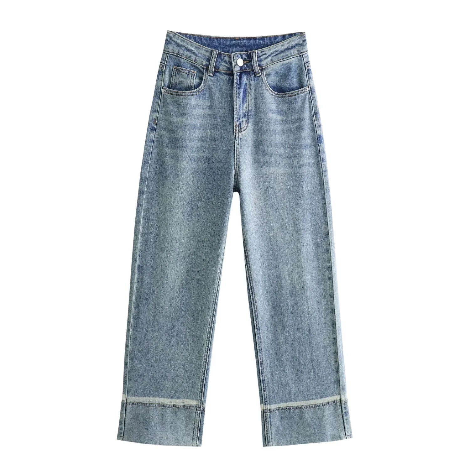 Fashion Light Blue High-waisted Cuffed Straight-leg Jeans,Denim