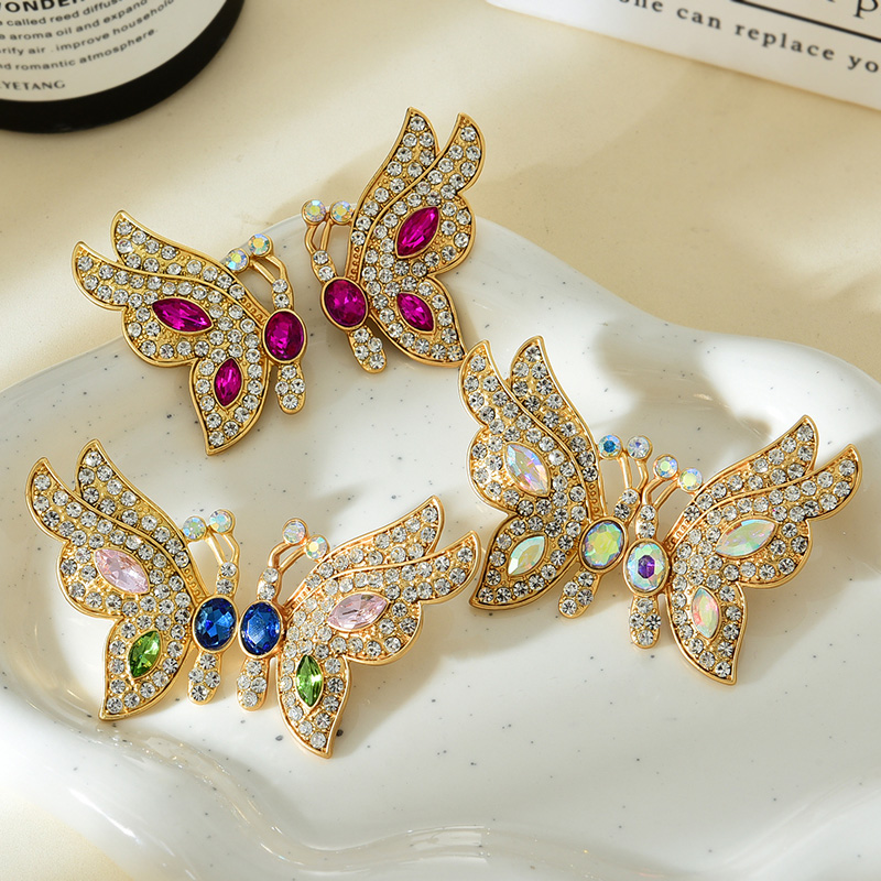 Fashion Rose Red Alloy Diamond Butterfly Stud Earrings,Stud Earrings
