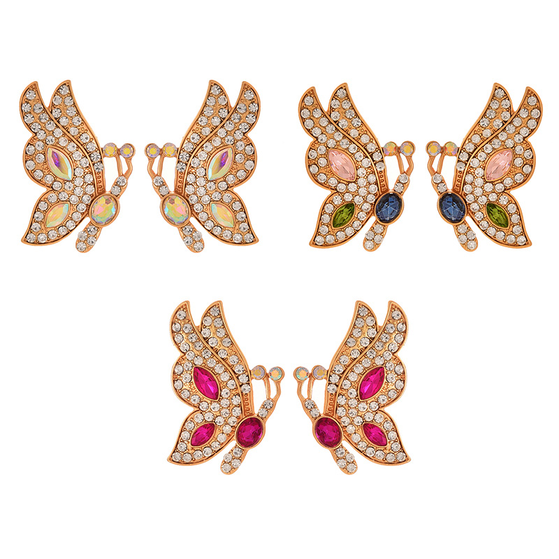 Fashion Rose Red Alloy Diamond Butterfly Stud Earrings,Stud Earrings