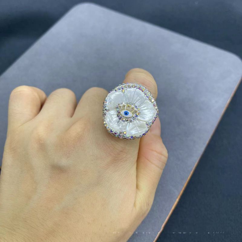 Fashion White Copper Diamond Geometric Shell Flower Eye Ring Set,Jewelry Set