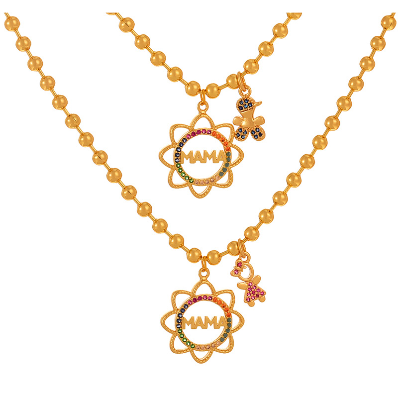 Fashion Golden 1 Copper Inlaid Zirconia Boys Flower Letter Mama Pendant Bead Necklace (3mm),Necklaces