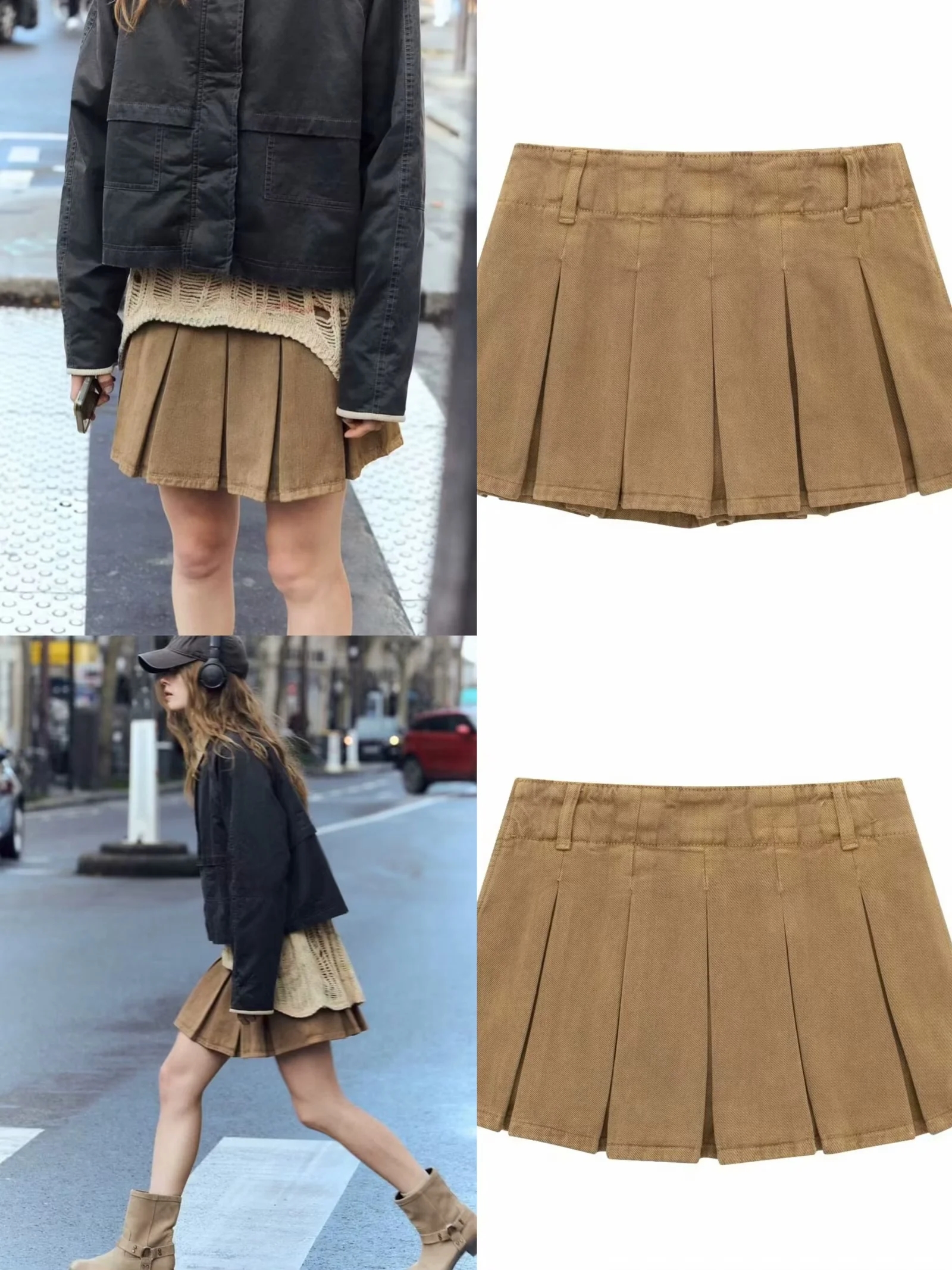 Fashion Khaki Low Waist Wide Pleated Skirt,Skirts