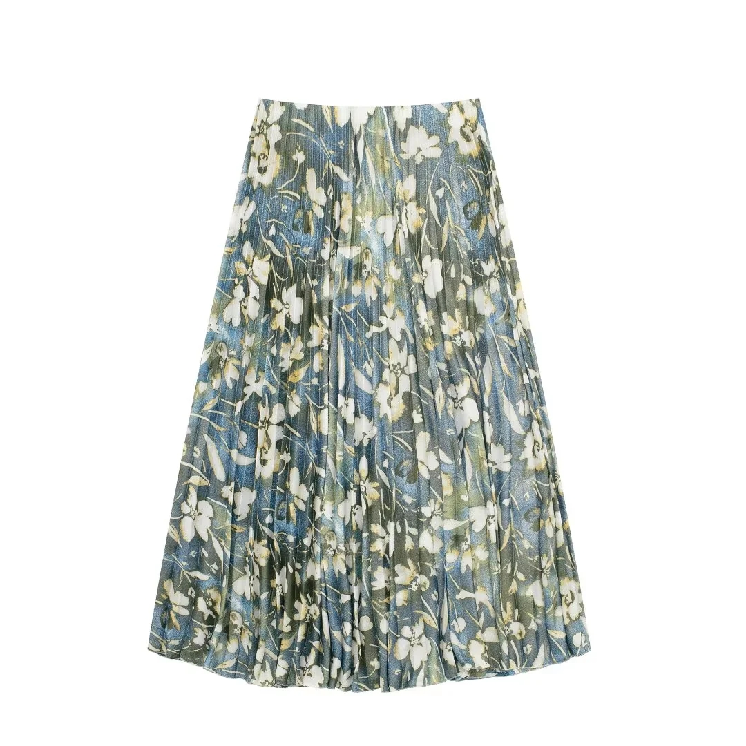 Fashion Color Blend Printed Pleated Skirt,Skirts