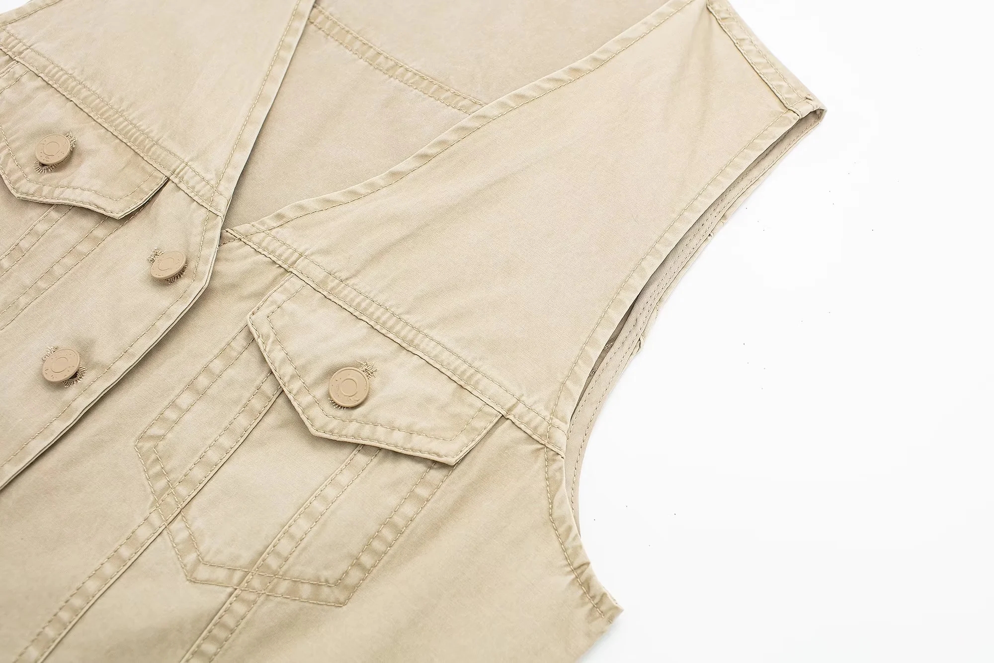 Fashion Khaki Blend-breasted Double-pocket Vest,Coat-Jacket