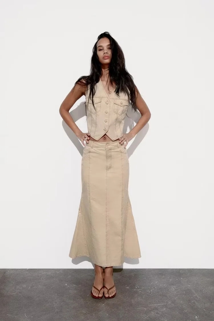 Fashion Khaki Blended Seam Fishtail Skirt,Skirts