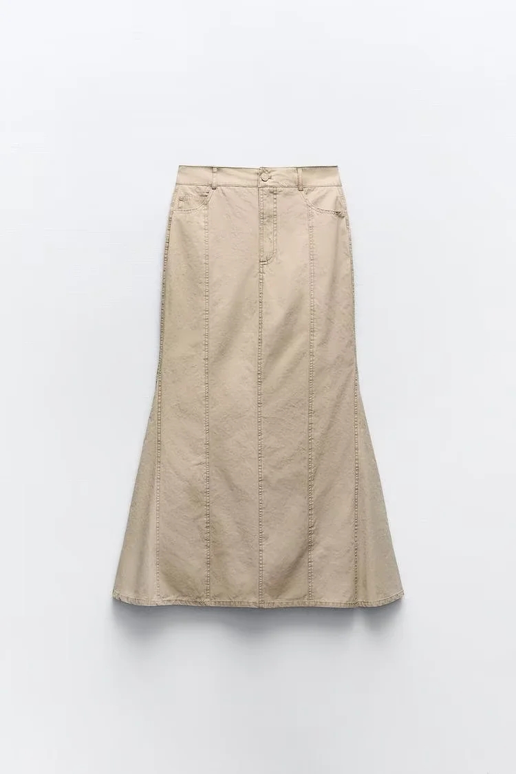 Fashion Khaki Blended Seam Fishtail Skirt,Skirts