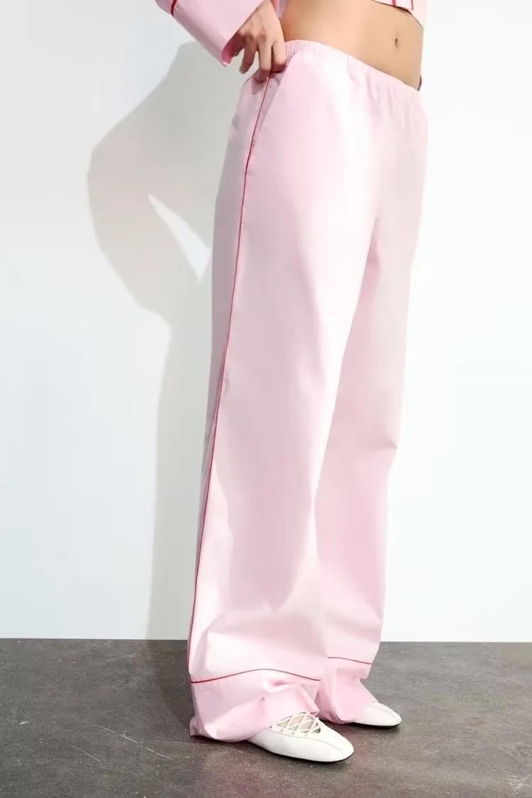 Fashion Pink Blended Straight-leg Trousers,Pants