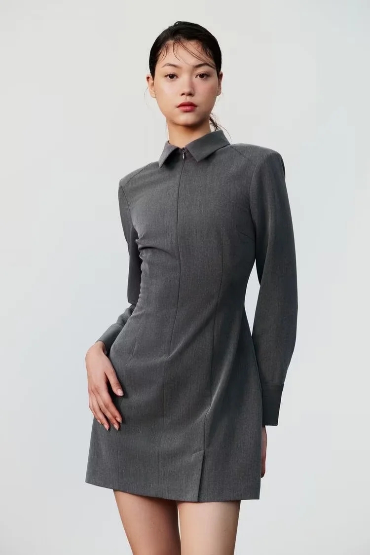 Fashion Dark Gray Blended Lapel Skirt,Mini & Short Dresses