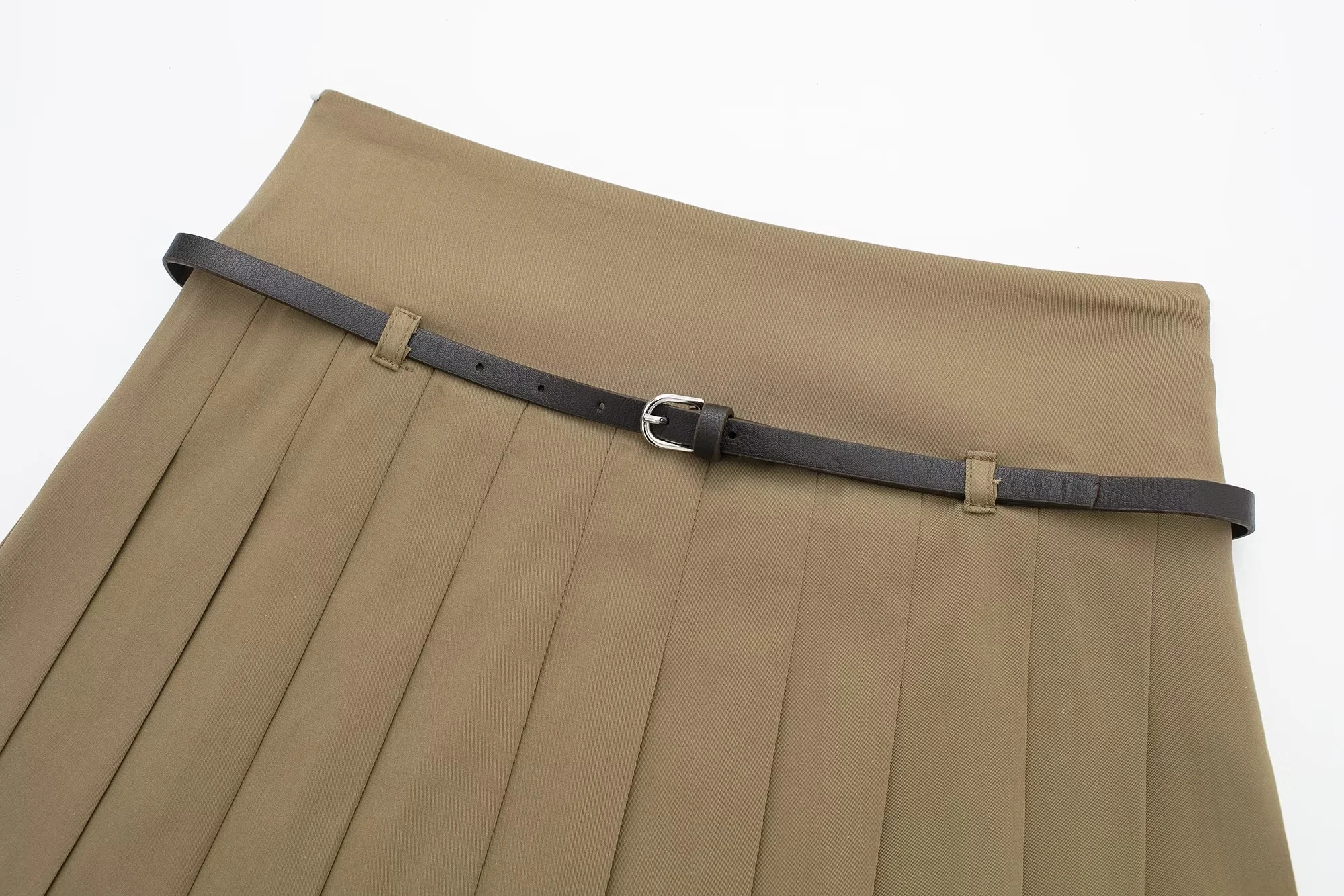 Fashion Khaki Blended Wide Pleated Skirt,Skirts