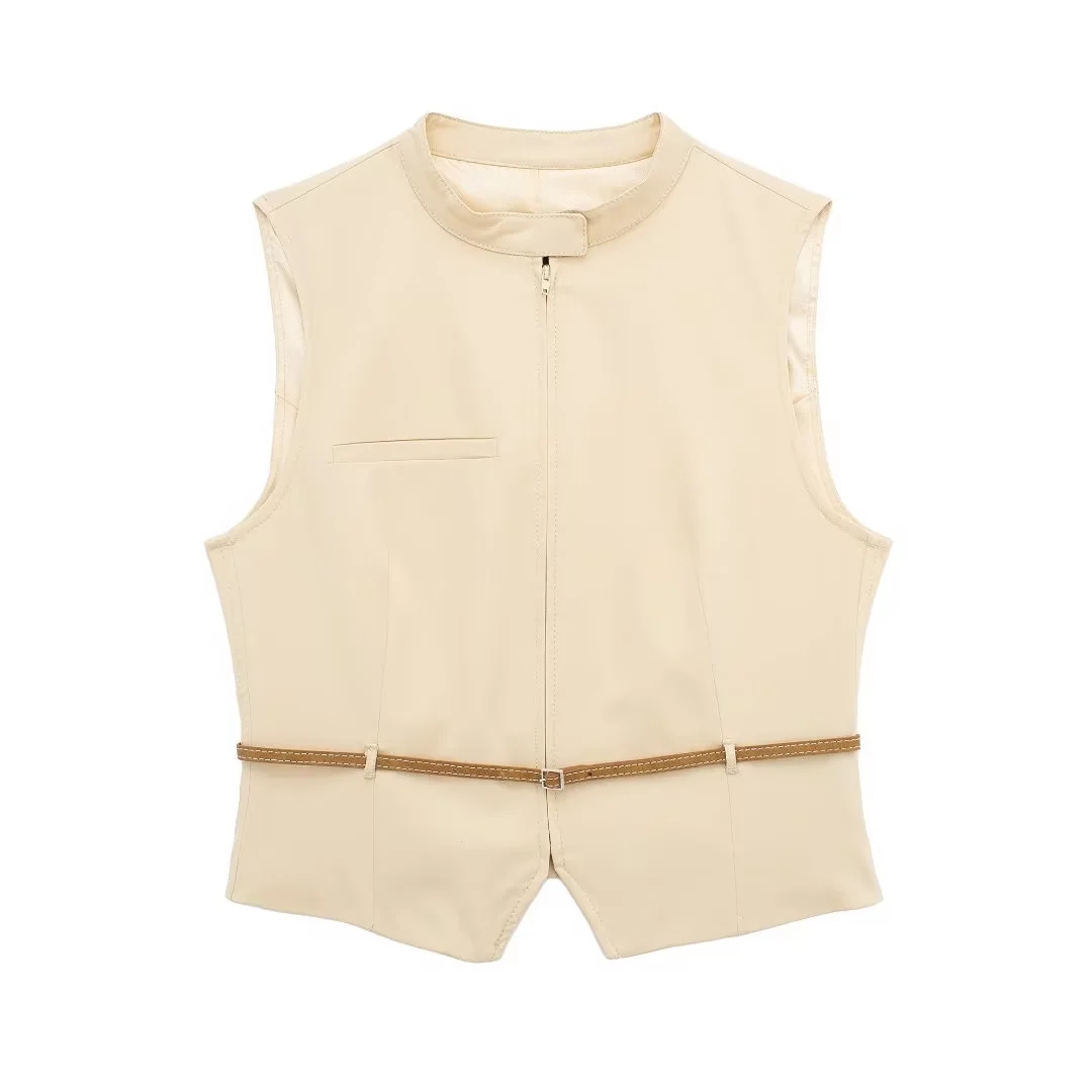 Fashion Beige Blend Belted Sleeveless Top,T-shirts
