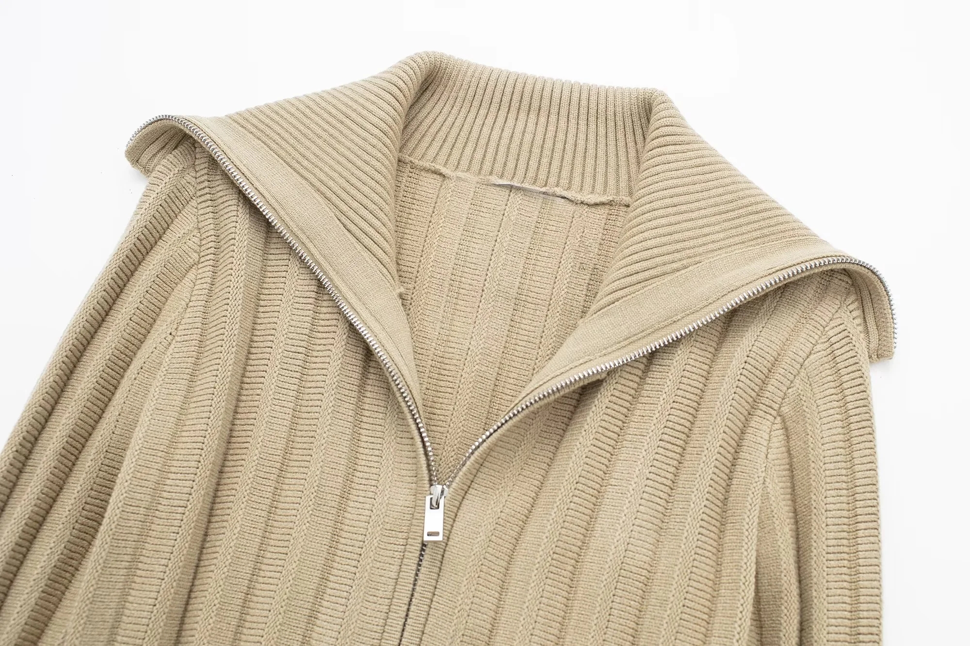 Fashion Khaki Zippered Knitted Jacket,Coat-Jacket