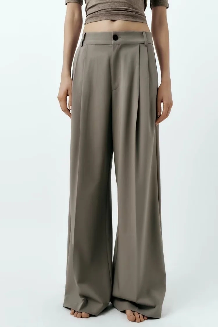 Fashion Coffee Color Blend Pleated Straight-leg Trousers,Pants