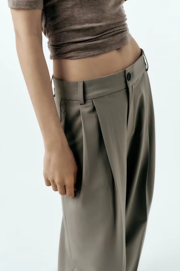 Fashion Coffee Color Blend Pleated Straight-leg Trousers,Pants